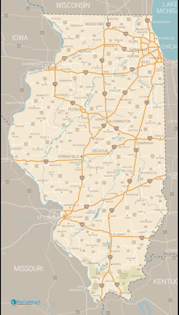 Illinois Rivers and Roads Map